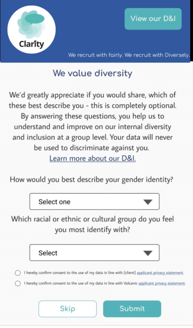 Candidate process to provide diversity and demographic data