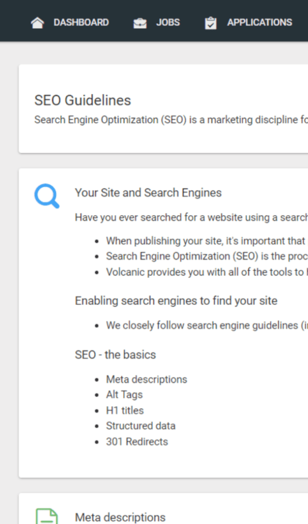 SEO guidelines in the Access Volcanic dashboard