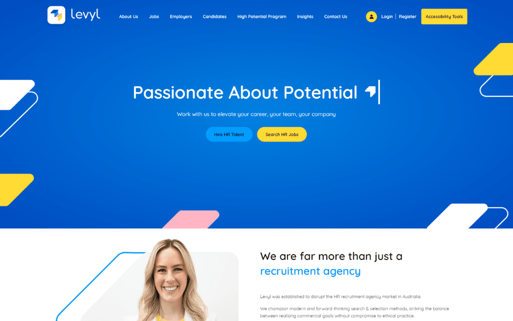Levyl's recruitment website created by Access Volcanic in desktop view