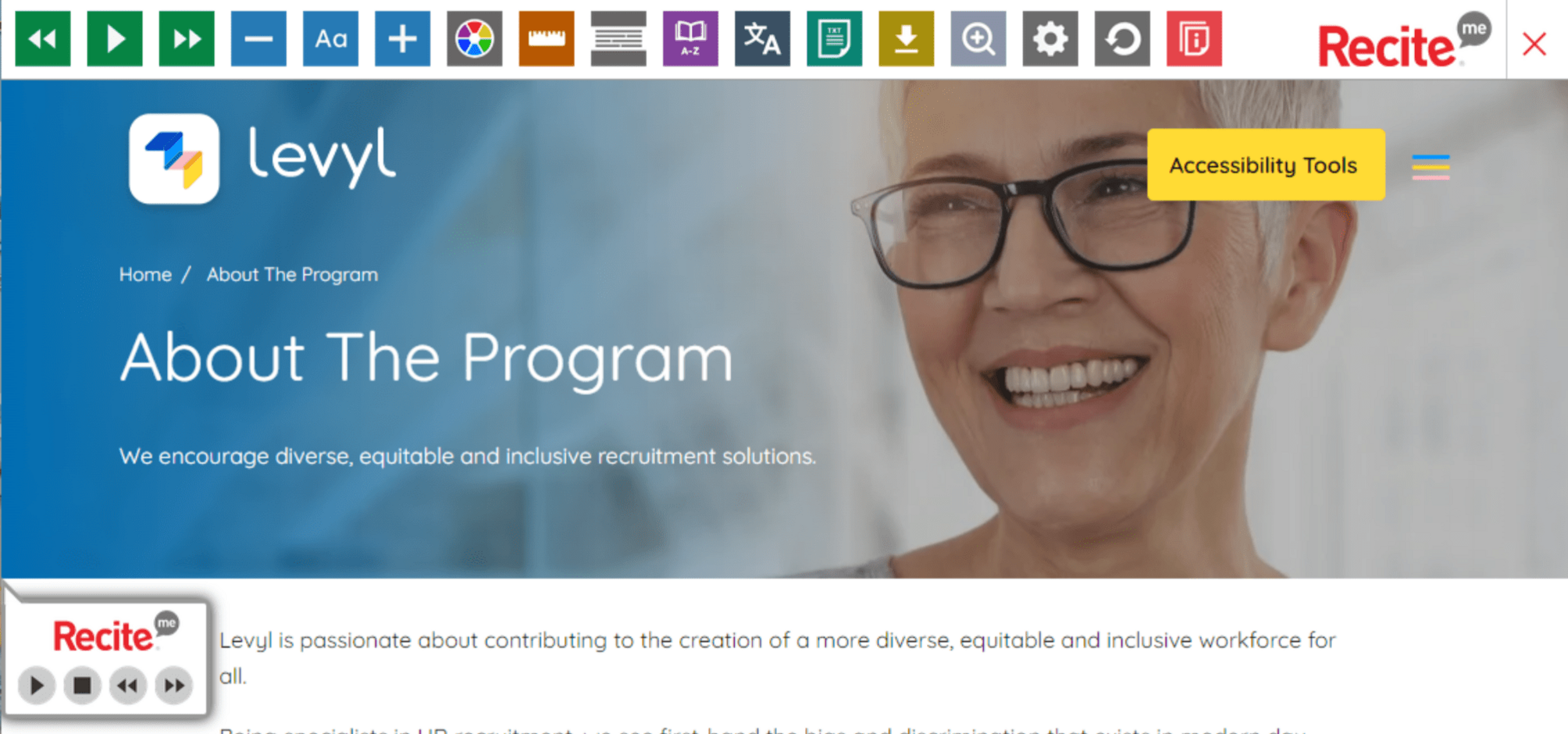 Recite Me accessibility toolbar on Levyl's recruitment website by Access Volcanic